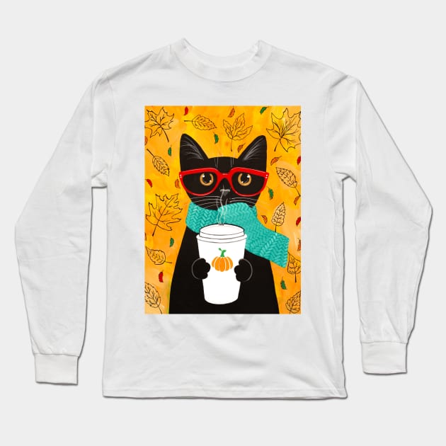 Autumn Coffee Black Cat Long Sleeve T-Shirt by KilkennyCat Art